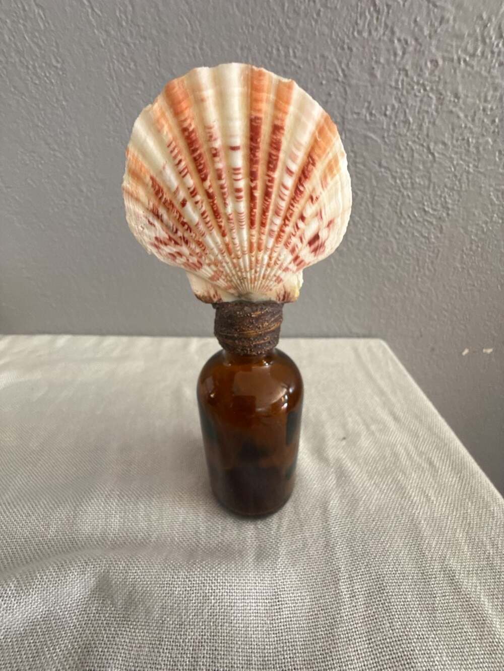 Vintage Amber Glass Bottle with Decorative Scallop Seashell stopper